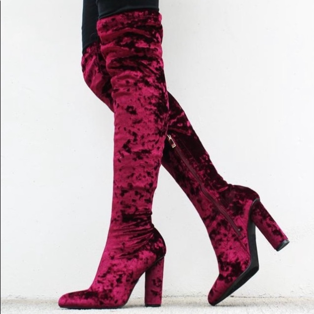 Burgundy, velvet over the knee boots
